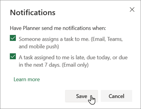 Planner notifications settings box