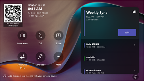 Microsoft Teams Rooms Windows touchscreen console home screen.