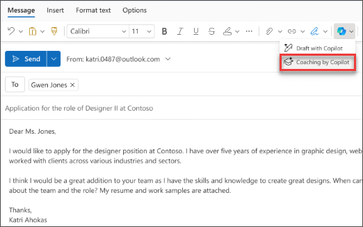 Menu option for Coaching by Copilot in New Outlook