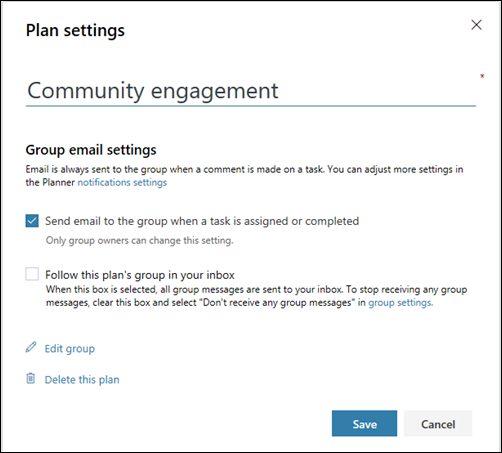 Screen capture: Showing the setting "Send email to the plan's group..." for the plan settings