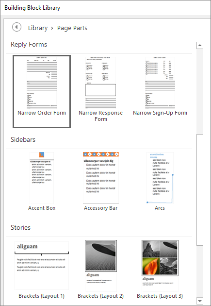 Screenshot of the partial Building Block Library window displaying thumbnails in the Page Parts category.