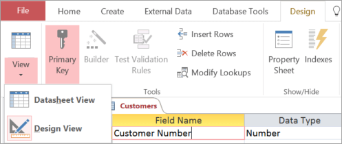 Switch the Table Designer between Datasheet View and Design View