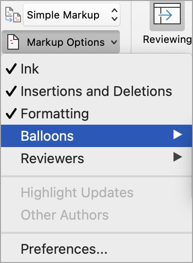 Track changes markup options