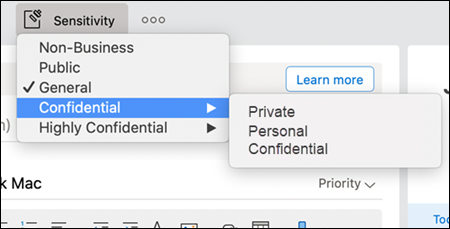 An example of possible dropdown sensitivity options in Outlook.