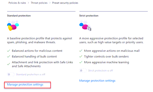 The preset security policies dialog with the Manage protection settings link under Standard protection highlighted.