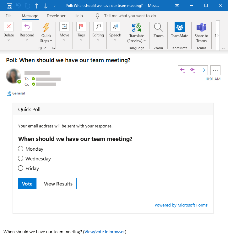 Microsoft Forms poll in an Outlook email message