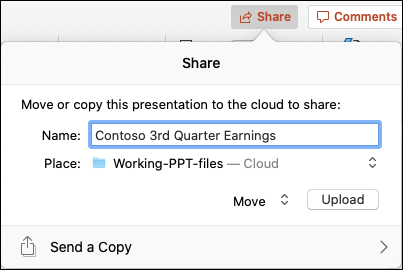 Dialog box offering to upload the presentation to your Microsoft cloud storage for seamless sharing.