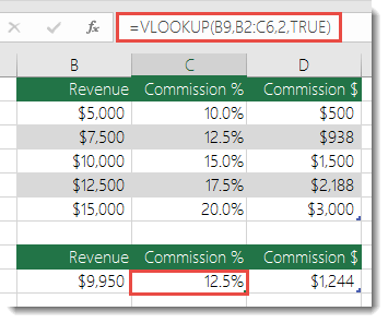 Formula in cell C9 is =VLOOKUP(B9,B2:C6,2,TRUE)