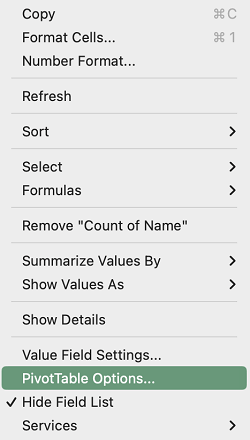 Pivot Table Options in the context menu in Excel for Mac.