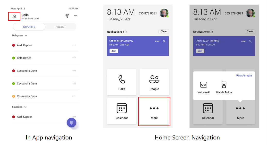 A screenshot of desk phone home screen. There are four large square buttons for going to calls, contacts, calendar, and more menu