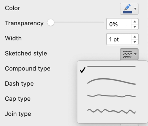 Line format options in Mac with Sketched style selected