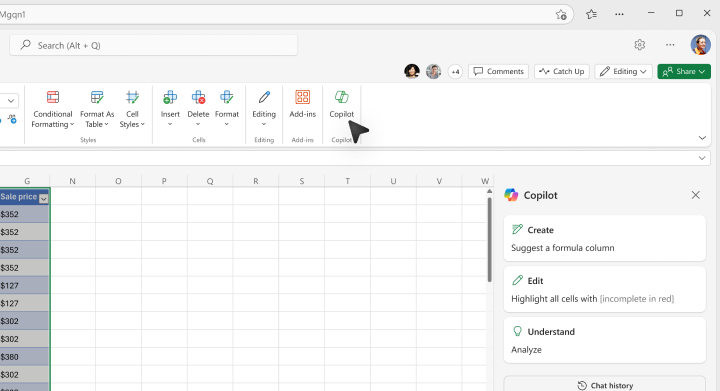 Screenshot of where to select the Copilot button in the Excel ribbon.