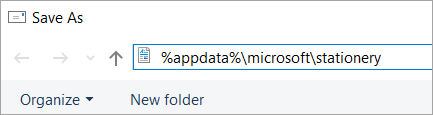Save As dialog box with stationery path in address bar