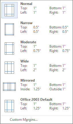 From the Layout tab, shows the options for margins,