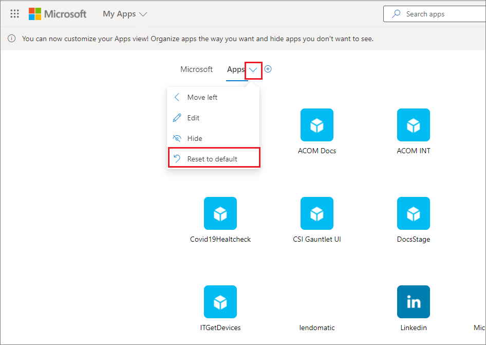 The Apps collection menu contains the Reset to default command.