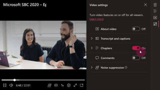 The video settings menu is open. A toggle next to the chapters field indicates where a user can toggle chapters on or off. 