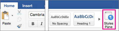 On the Home tab, Styles Pane is highlighted