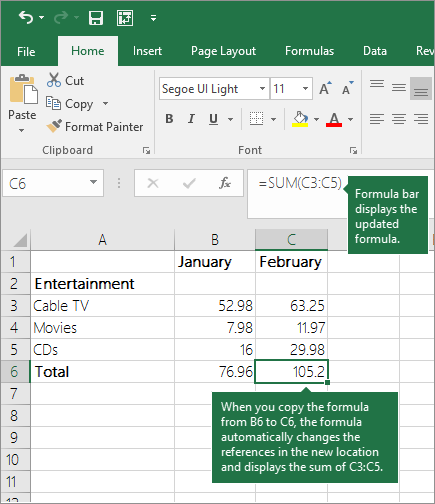 When you copy a formula, cell references update automatically