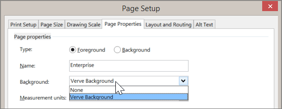 Screenshot of Page Setup > Page Properties with Verve Background selected from the Background drop down