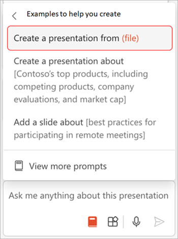 Screenshot of the Copilot in PowerPoint prompt menu with Create a presentation from file option highlighted