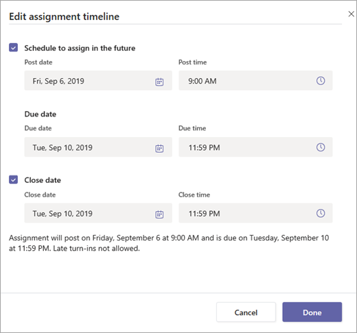 Edit assignment timeline window.