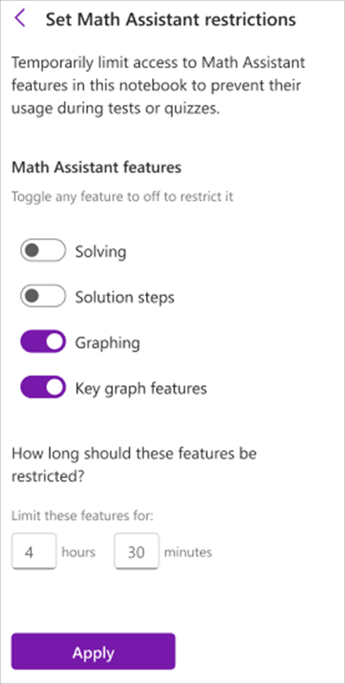 screenshot of the math assistant panel for educators in class notebook. From here you can turn on or off tools in math assistant including solving, solution steps, graphing and key graph features.