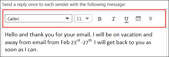Outlook on the web automatic replies message