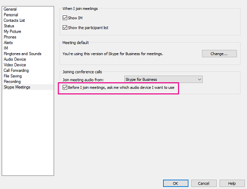 Skype Meetings options dialog with Before I join checkbox highlighted