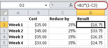 Example of formula for calculating a percentage