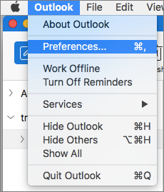 Outlook menu with Preferences highlighted