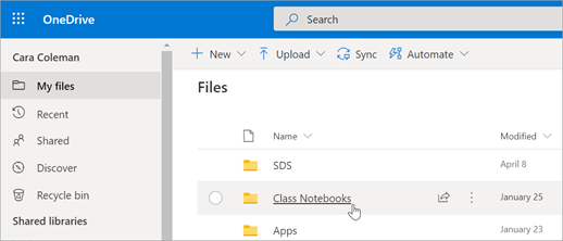 From My files, select Class Notebooks.