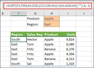 FILTER and SORT together - Filter by Product (Apple) OR by Region (East)