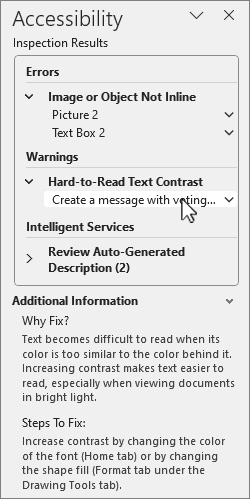 Accessibility pane with Inspection results