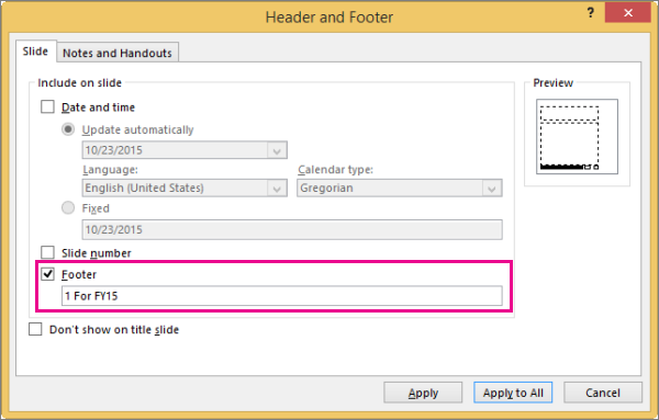 Shows Footer dialog box in PowerPoint