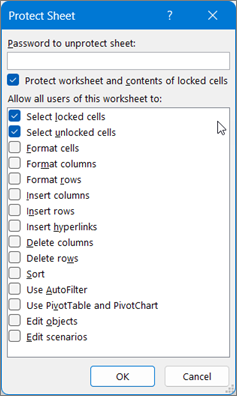 Protect Sheet Dialog Box