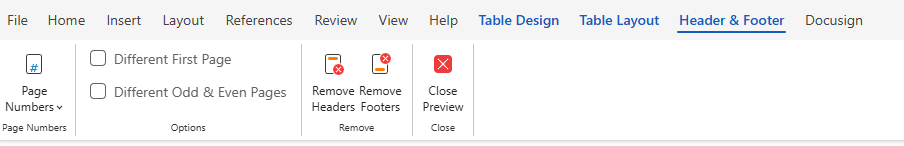 Header and Footer Options in ribbon