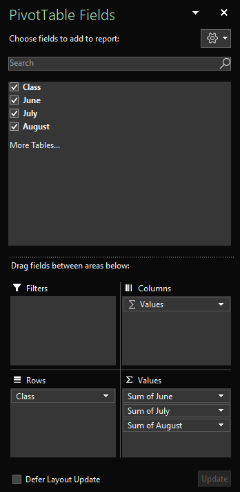 PivotTable Fields pane open in Excel for Windows showing selected table fields.