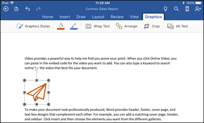 Word for iOS showing the Graphics editing tab