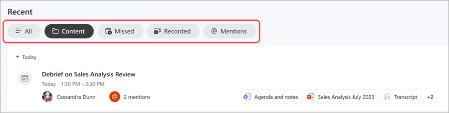 Screenshot of different tabs in Recent section of Meet in Teams