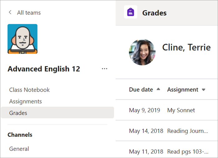 The Grades app open in a class team.