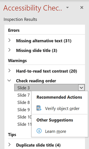 Under Recommended Actions, select Verify object order.