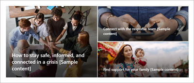 The Hero web part on the Crisis management site template home page. This features three large images with text headlines "How to stay safe, informed, and connected in a crisis," "Get the most up-to-date information," and "Find support for you and your family."