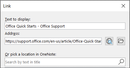 Screenshot of the link dialog in OneNote. Contains two fields to fill in: Text to display and Address.