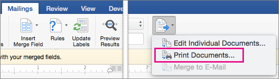 On the Mailings tab, Finish & Merge and the Print Documents option are highlighted