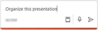 Screenshot of Copilot in PowerPoint showing a prompt to organize the presentation