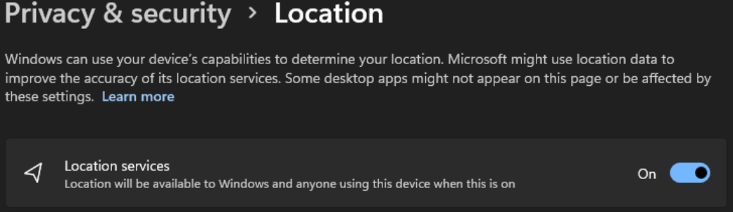 Image showing the Privacy & Security Location screen.