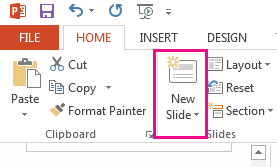 The New Slide option is on the Home tab.