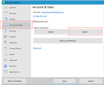 Desktop Roboform export command location