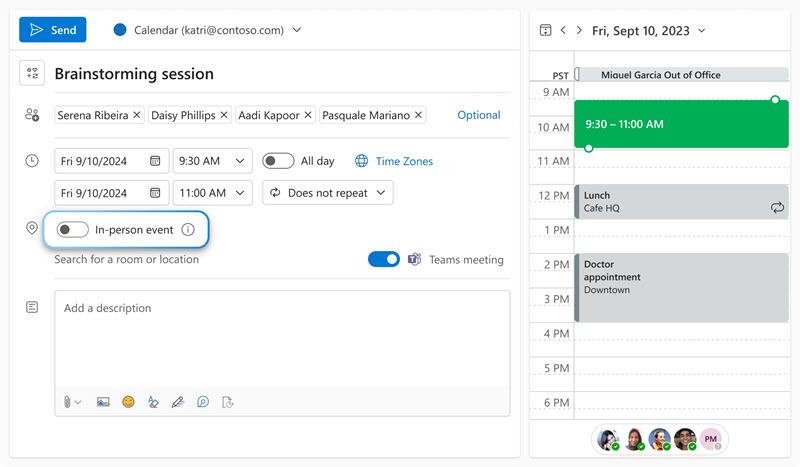 Image shows the create event form. Among multiple fields, there is the In-Person Event toggle.