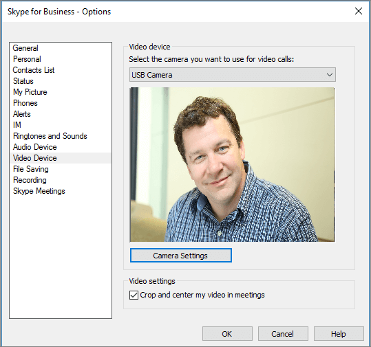 Screenshot of the Video Devices page of the Skype for Business Options dialog box.